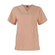 Scrub Sets for Woman Solid Color V-Neck Short Sleeve Long Pants Nurse Uniform with Pock Pink M