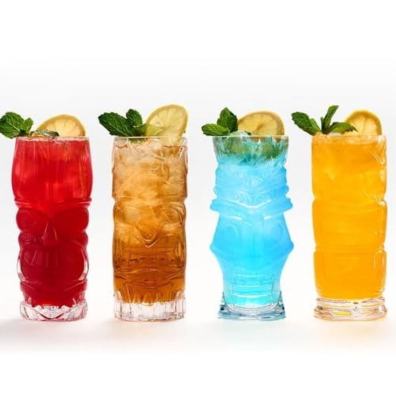16oz Clear Embossed Tiki Glasses – Set of 4