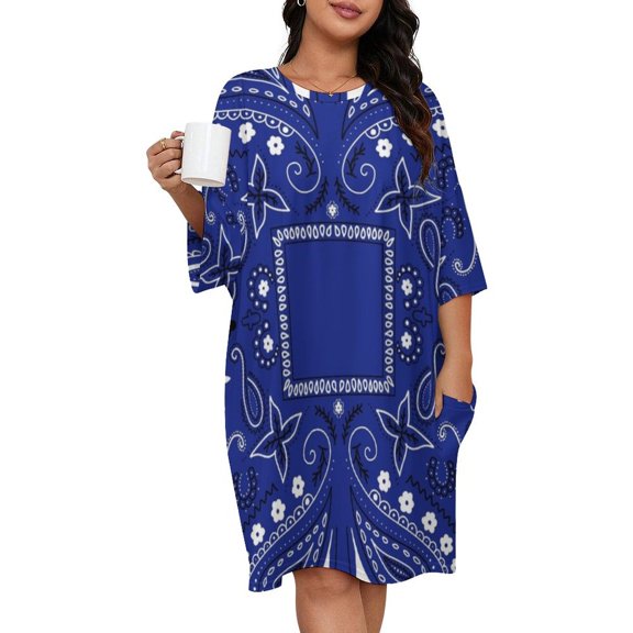 Blue Paisley Bandana Pattern Sleepshirts For Sleeping Travels Loose Sleepdress Pajama Dress Soft Nightdress Sleepwear