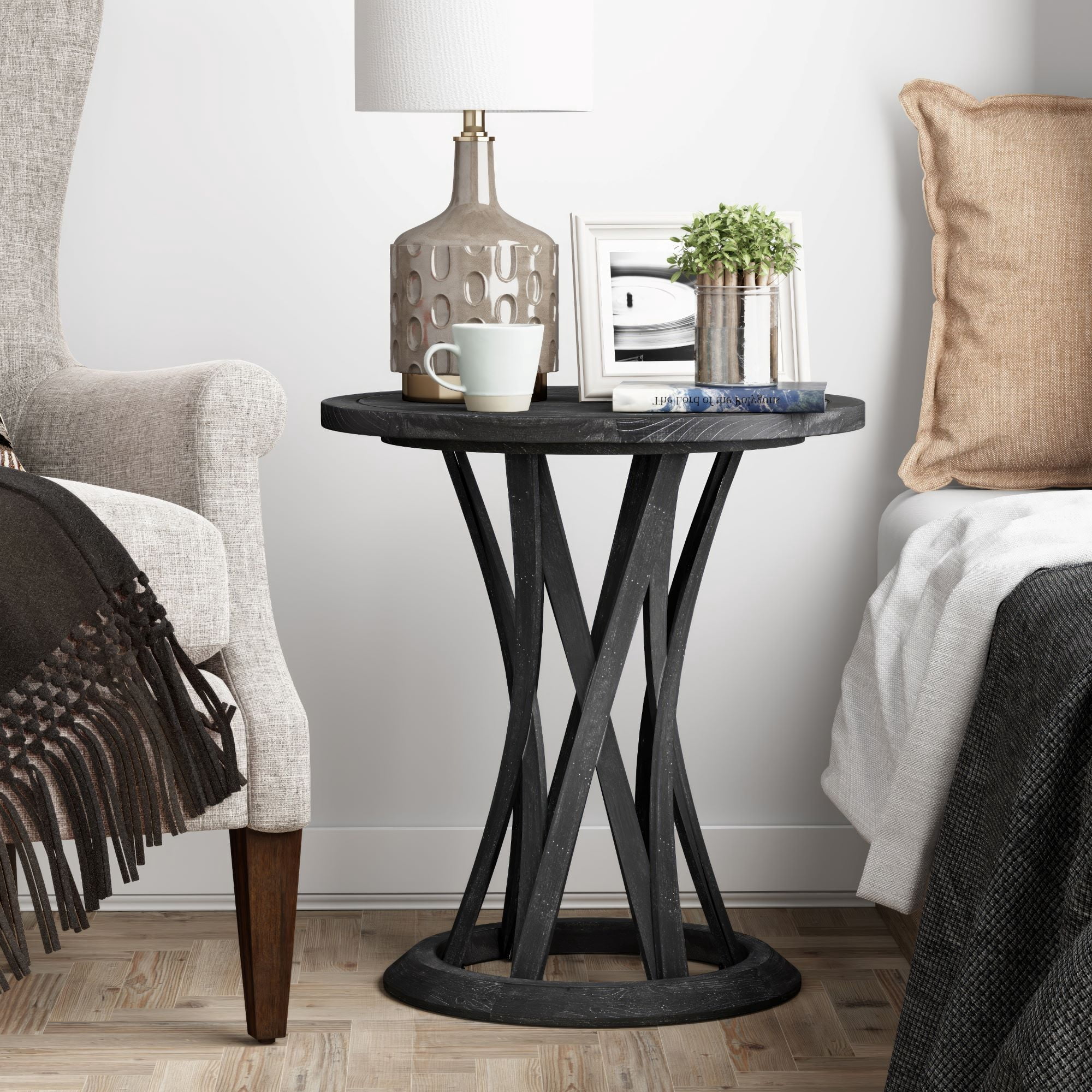 COZAYH Round Farmhouse End Table with Crisscross Pedestal Base, Distressed Finish Side Table Rustic Accent Table for Living Room, Pine Wood, Black