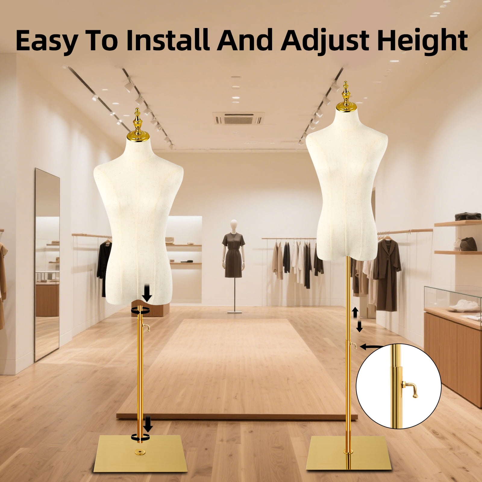 Female Mannequin, 2-Hole Position Mannequin Torso with Stand, Height Adjustable Torso for Clothing Dress Jewelry Display, Sewing, Beige