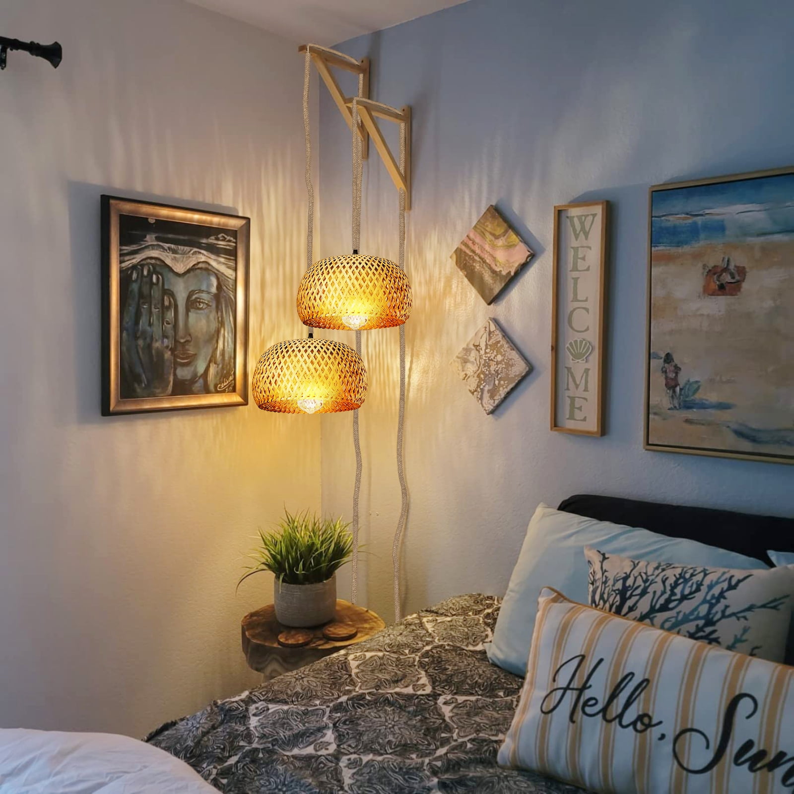 IC Farmhouse Plug in Pendant Light Fixture, E26 Bamboo Lampshade Rattan Round Cage Hanging Ceiling Lamp with Hemp Rope Cord for Home Decor Living Room Bedroom Kitchen Bar