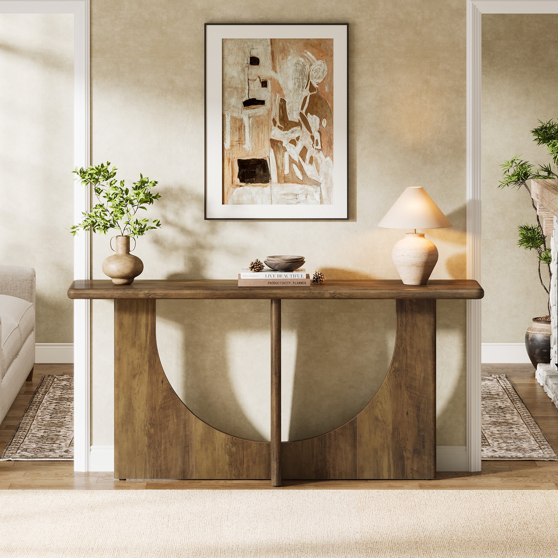 Finmind 71-inch Console Table for Entryway, Farmhouse Entryway Table with Sturdy Geometric Frame and Rounded Corner, Rustic Brown