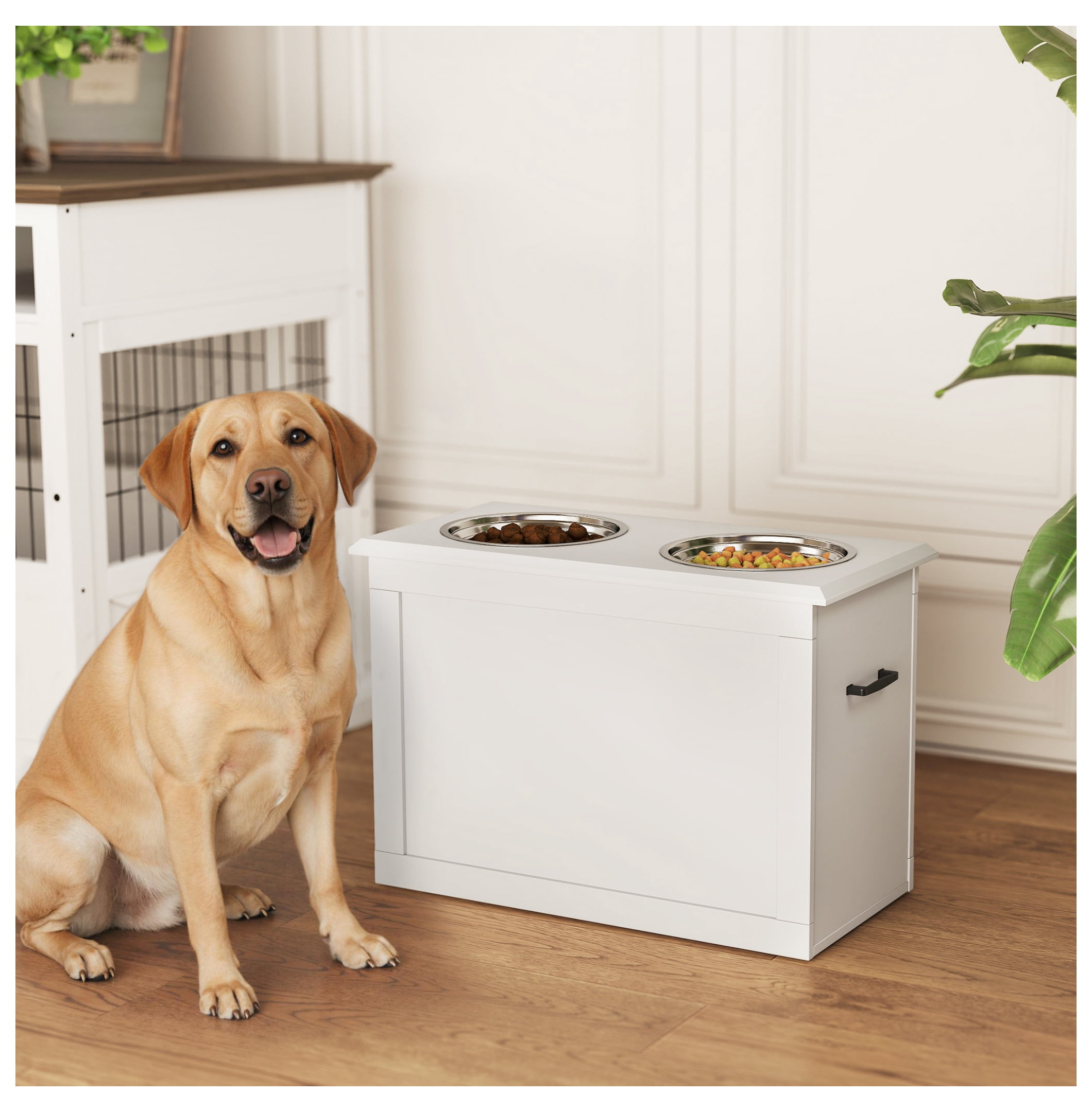 Raised Dog Bowls for Large Dogs, Elevated Pet Feeder Station with Storage, 2 Stainless Steel Bowls, White