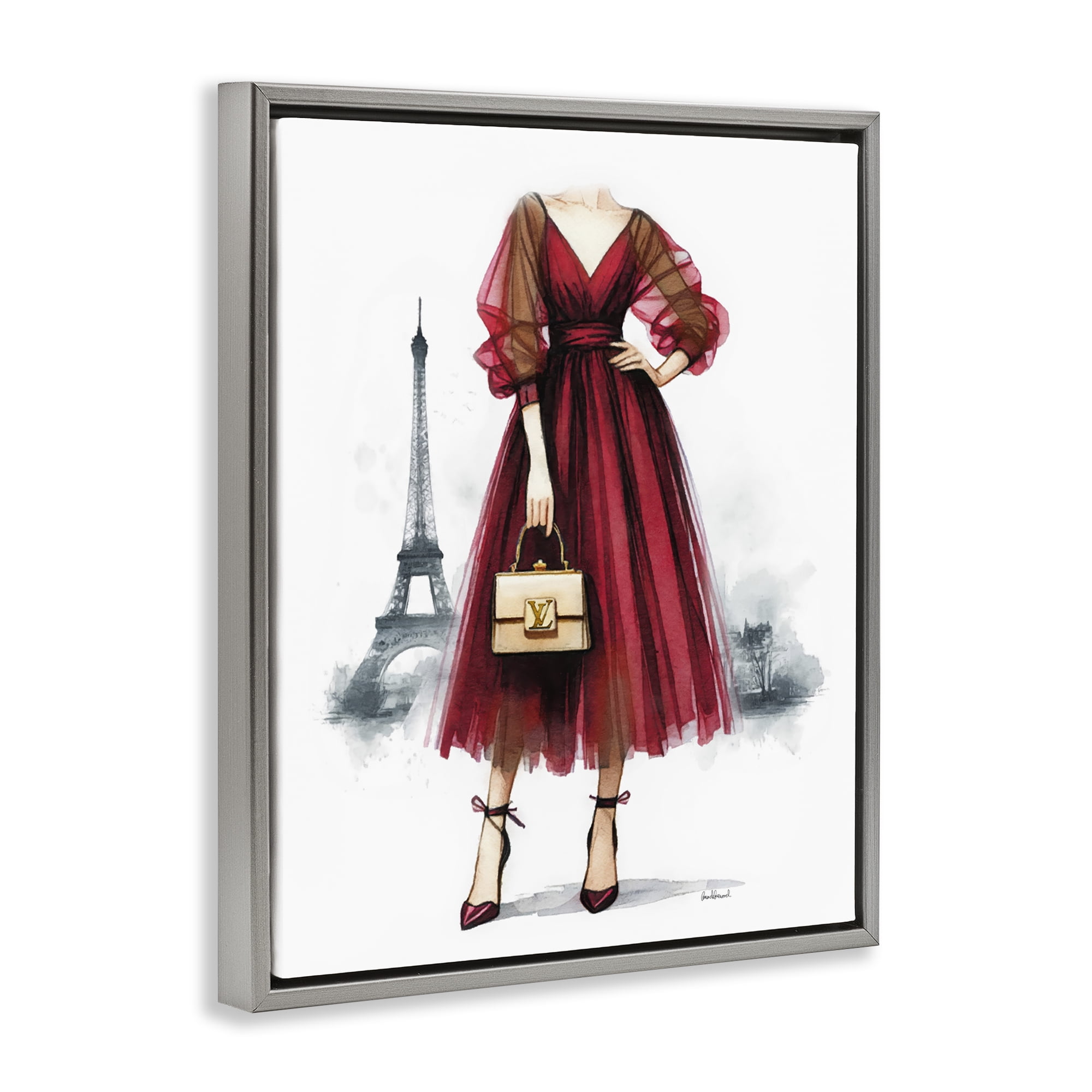 Stupell Industries Parisian Girl in Dress Fashion Painting Gray Floater Framed Canvas Art Print Wall Art, 25 x 31