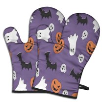 Cute Oven Mitts,Purple Halloween Ghosts Skulls and Bats Oven Mitt 2-Pack Set,Kitchen Gloves for Oven,Heat Resistant Oven Mitts 7.7"x12"