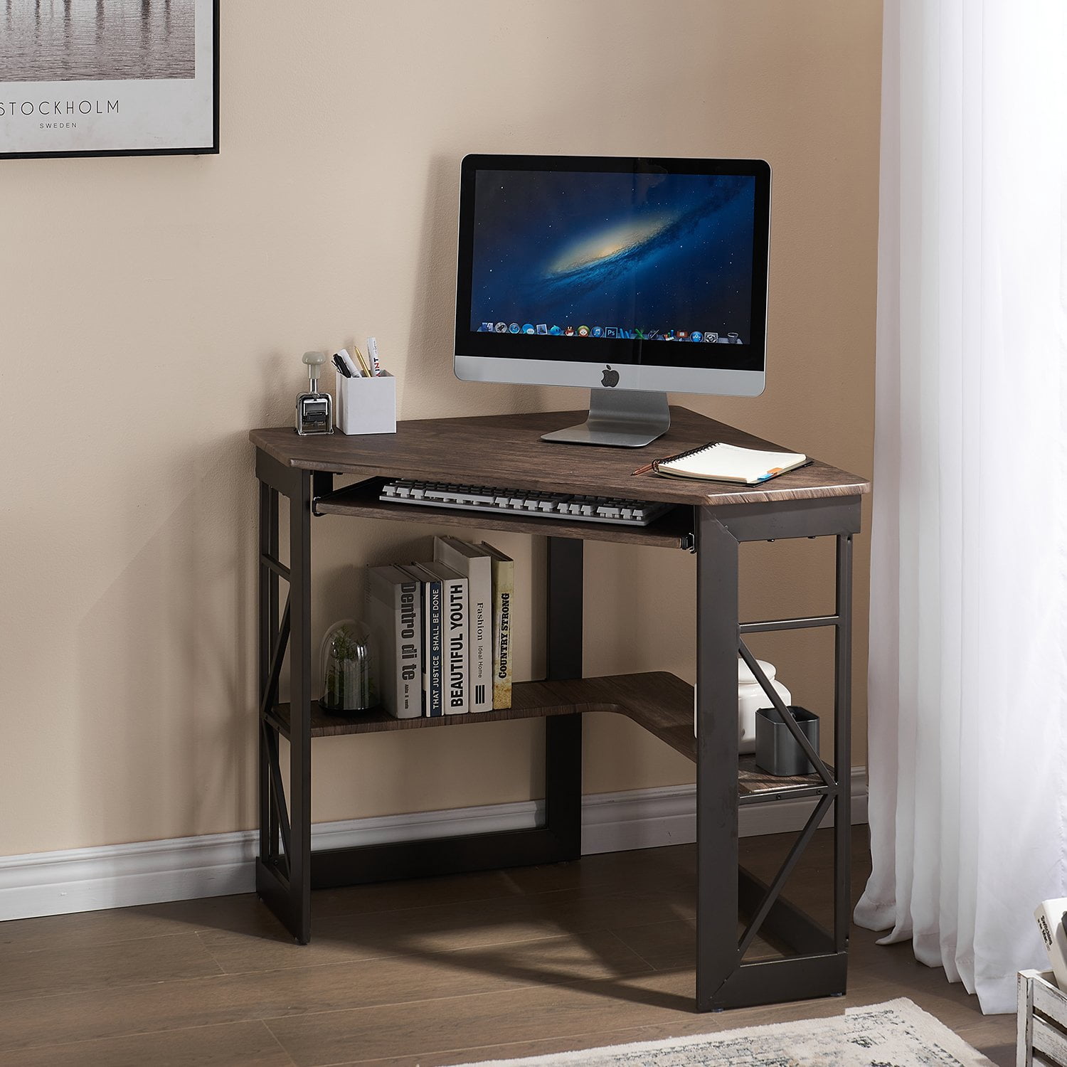 VECELO Desk with Keyboard Corner Computer Writing Shelves, Compact Home Office, Dark Brown