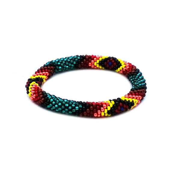 Native Inspired Tribal Fire Diamond Pattern Guatemalan Czech Glass Seed Beaded One Size Fits All Bangle Bracelet - Womens Fashion Handmade Jewelry Boho Accessories
