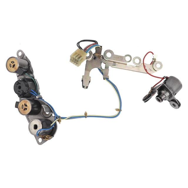 solenoide de transmisión 31940-85x01 re4f03b compatible con nissan altima / maxima / quest / sentra jadeshay a Reformado cuerpo de válvula con solenoides y arnés sobre fondo blanco; vista centrada, armazón de aleación de aluminio con solenoides cilíndricos visibles, placas metálicas de montaje con orificios para tornillo, arnés eléctrico con conector blanco y cables azul, rojo y negro. Compatible con INFINITI I35 2002-2003 y NISSAN ALTIMA 2002-2006 / MAXIMA 2004 / QUEST 2005 / SENTRA 2005-2006; adecuado para pruebas y diagnóstico en taller.