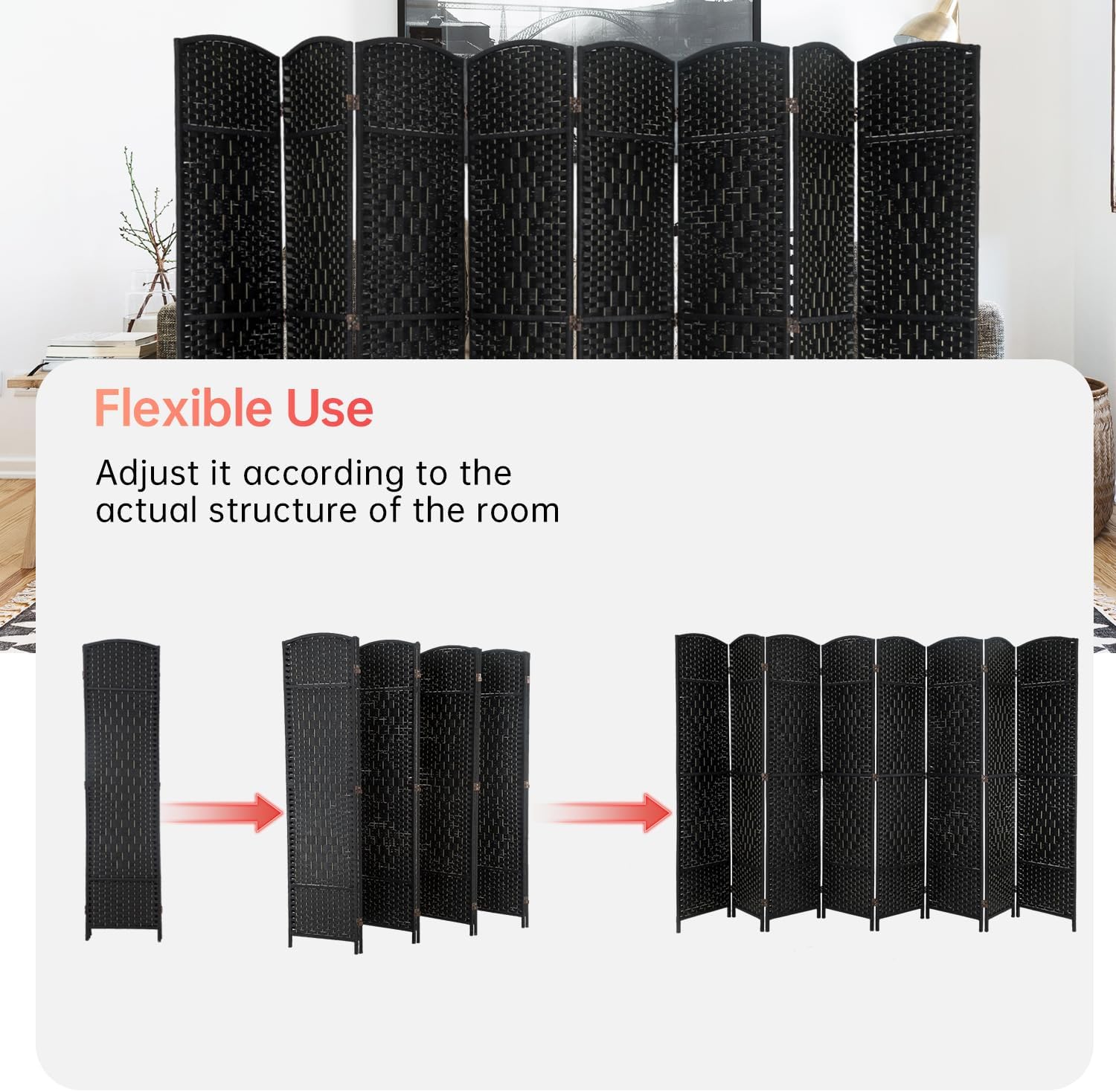 Dkelincs Room Dividers Folding Privacy Screen 8 Panel Portable Wooden Partition Screen, Black