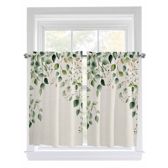 Tier Curtains 45 Inches Long, Eucalyptus Leaf Window Treatment Curtain Drapes, Watercolor Green Plant Vintage Country Window Half Privacy Curtains for Bedroom Bathroom, 42"x45", 2 Panels