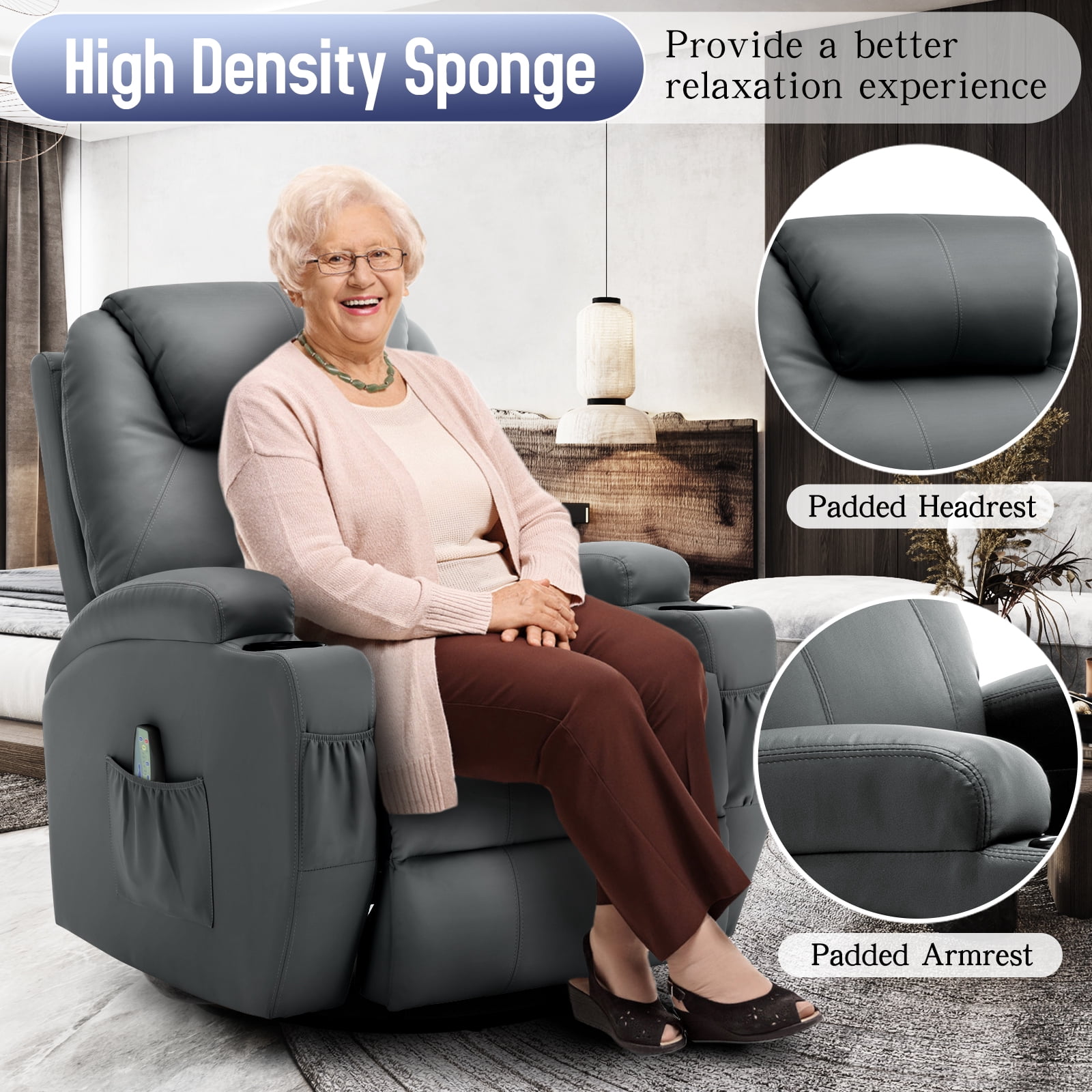 Korser Swivel Rocker Recliner Chair with Massage Faux Leather for Living Room,Grey