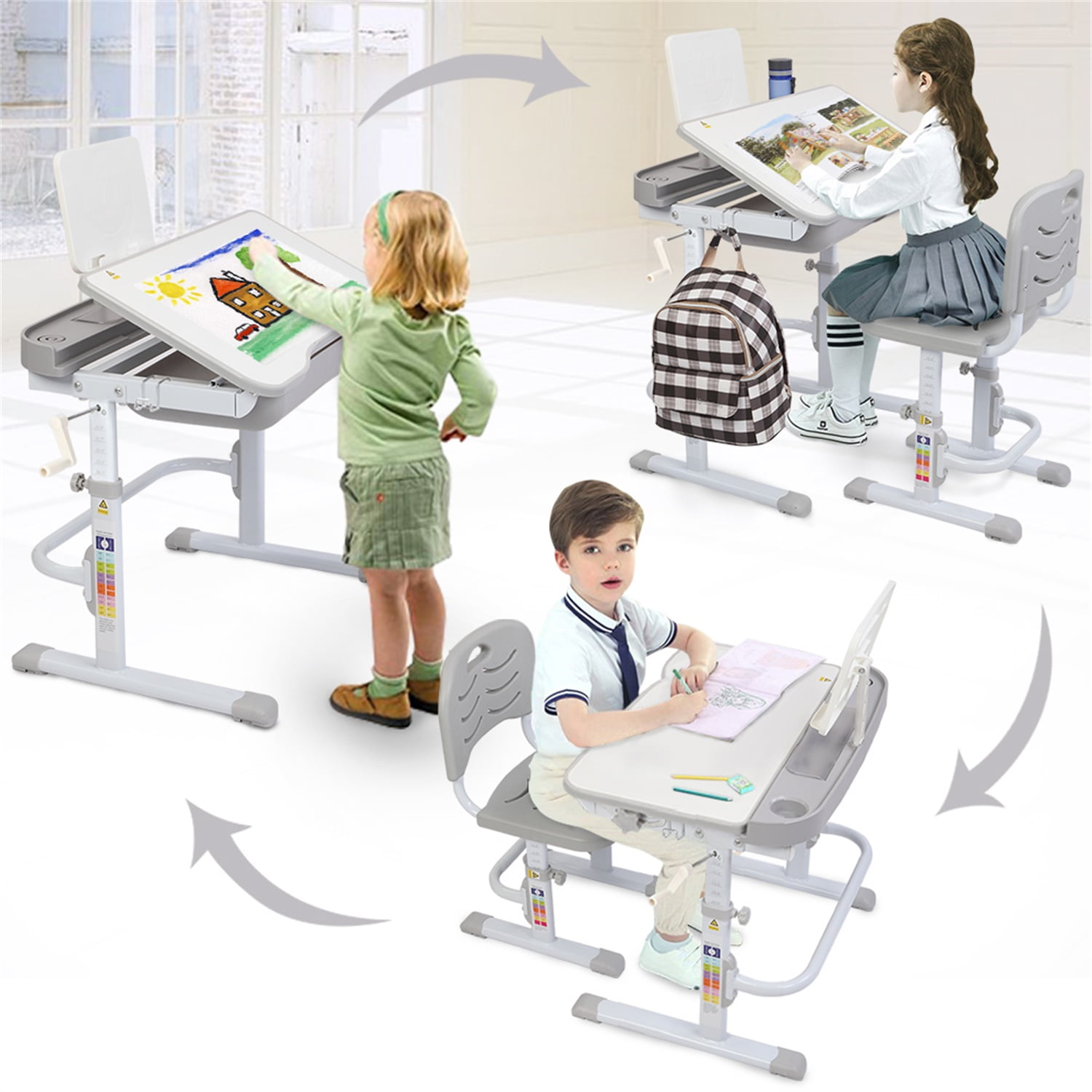 Lowestbest Kids Desk and Chair Set with Hand-Operated Lifting Table Top, Height Adjustable Children's Study Table With Reading Frame, Gray Lowestbest Kids Desk and Chair Set with Hand-Operated Lifting Table Top, Height Adjustable Children's Study Table With Reading Frame, Gray