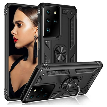 Samsung Galaxy S21 Ultra 5G Case, Dteck Hybrid Rugged Shockproof Case with 360 Degree Rotation Ring Holder Finger Kickstand for Samsung Galaxy S21 Ultra, Black