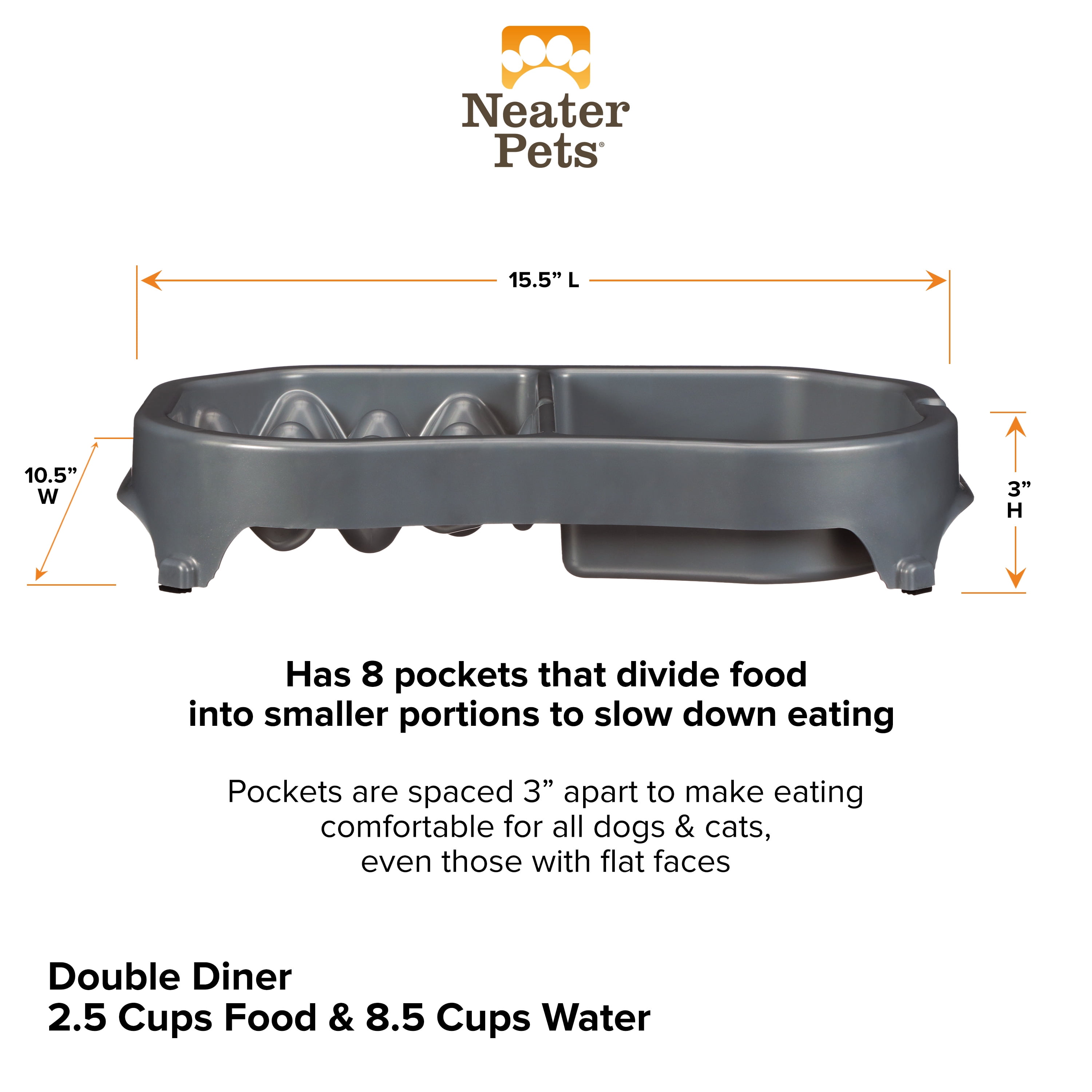 Neater Pet Brands Neater Slow Feeder Double Diner Food and Water Bowl - Improves Digestion, Stops Obesity, and Slows Down Eating, Gunmetal