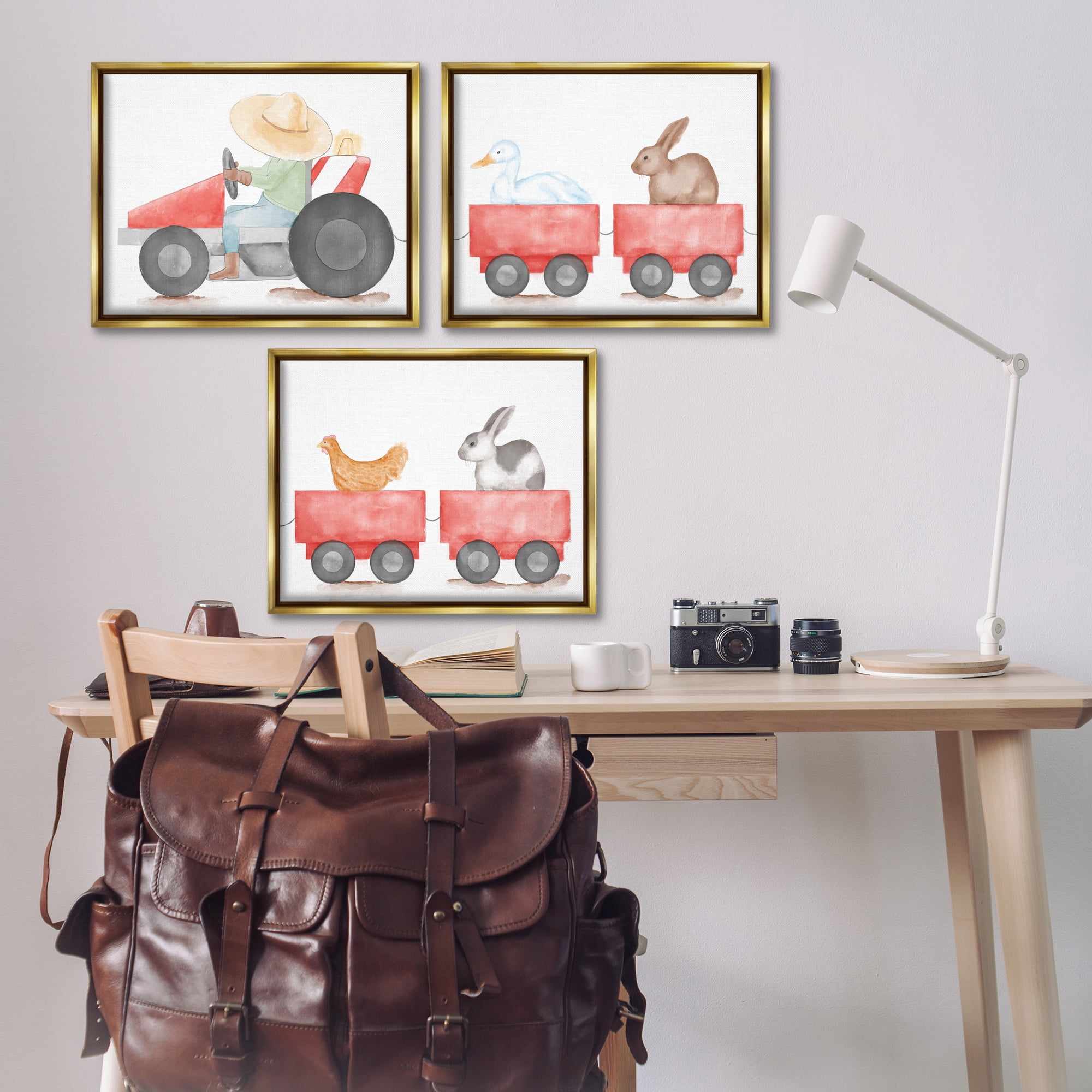Stupell Industries Farmhouse Tractor Animals Transportation Painting Gold Floater Framed Canvas Art Print Wall Art, 21 x 17, Set of 3
