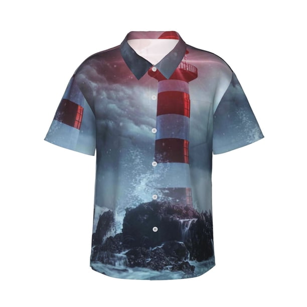 Fotbe Lighthouse in a Stormy Sea Camisa Hawaiana para Hombre Unisex – Camisa Casual de Verano con Botones de Manga Corta de Algodón y Lino,Medium