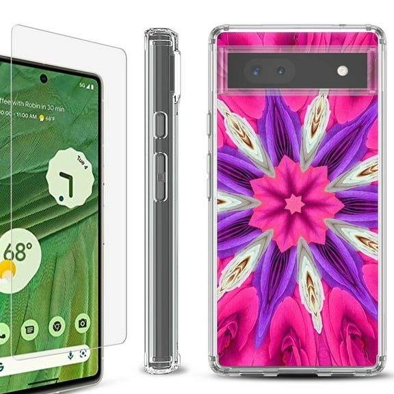 Shockproof Bumper Phone Case for Google Pixel 6a, with Tempered Glass Screen Protector, by OneToughShield ® - Kaleidoscope Rose