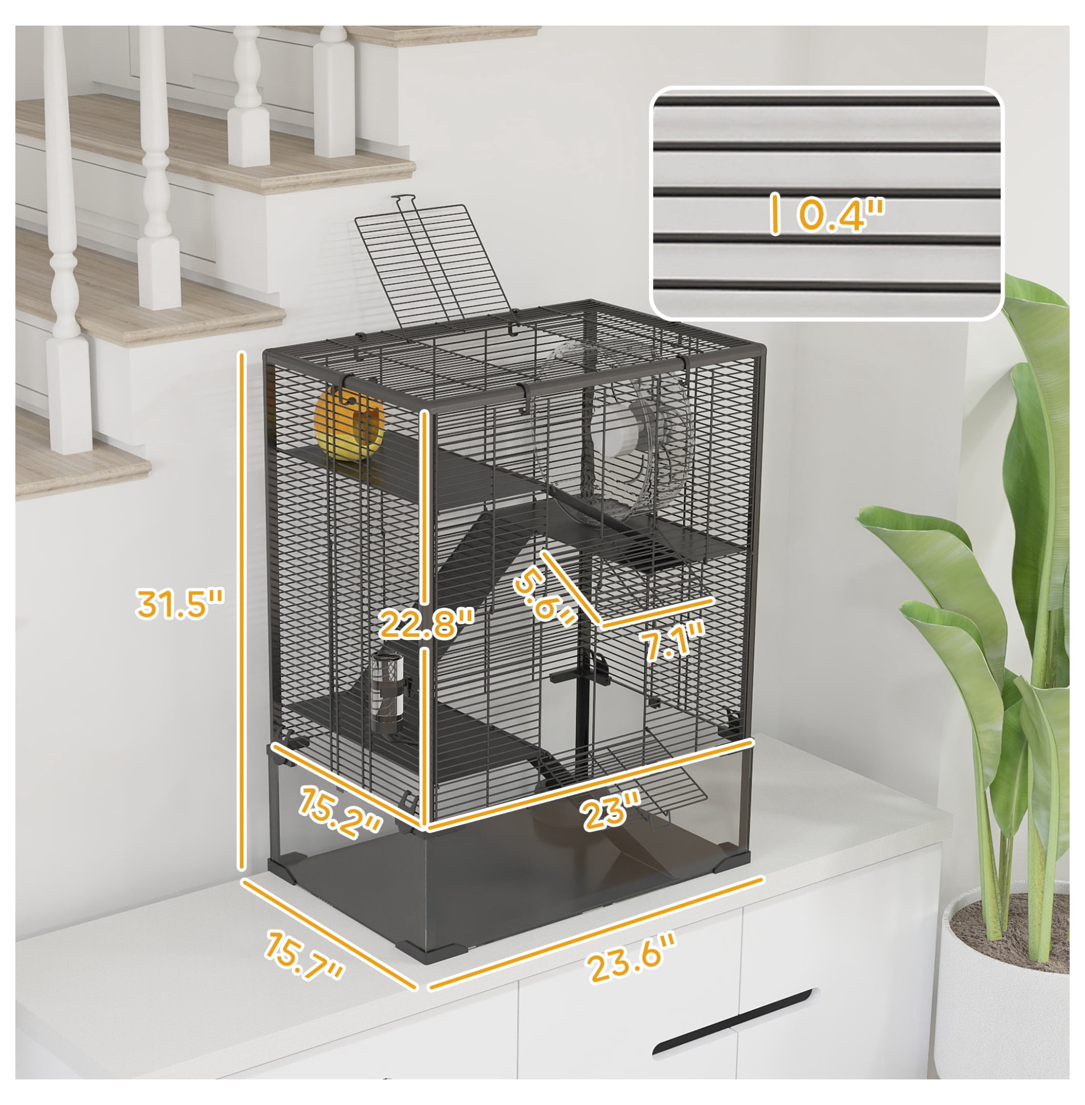 Hamster Cage 4 Tier with Tempered Glass Bottom, Running Wheel & Hut - Mice Rat Gerbil Habitat 24x16x31.5 Inch