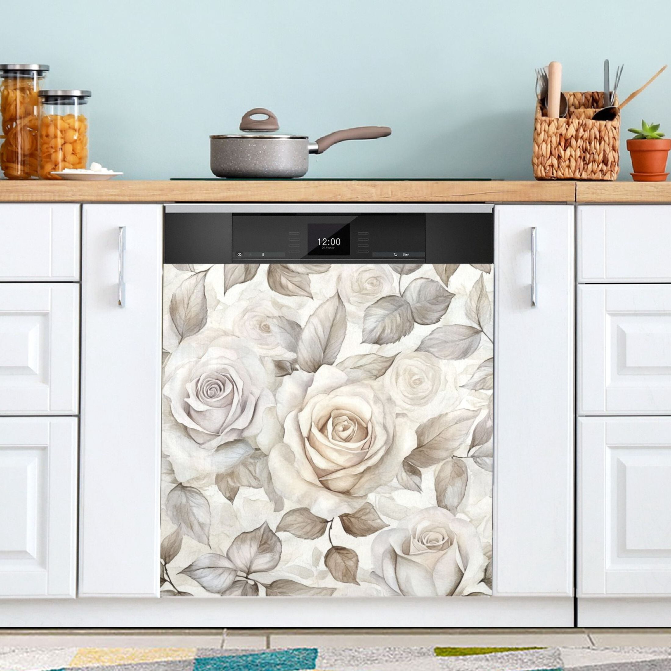 Dishwasher Magnetic Sticker 23x26 Inch Refrigerator Magnetic Sticker Washing Machine Magnetic Sticker Kitchen Panel Magnetic Sticker Home Decor Cartoon White Flowers