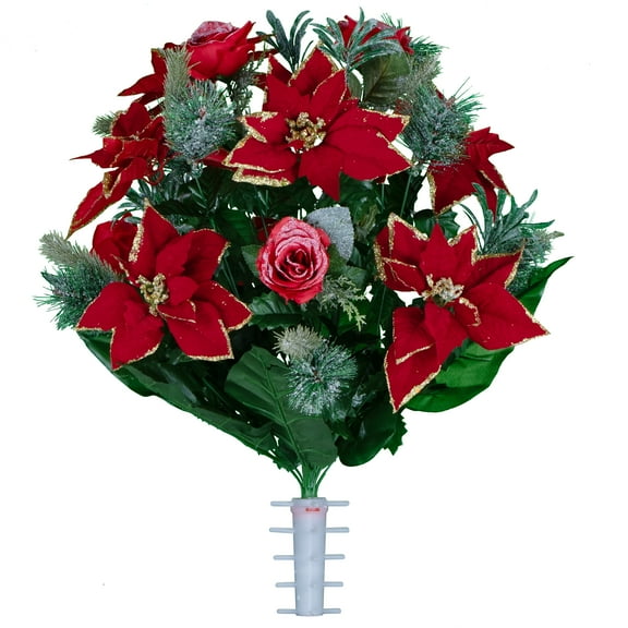 Sympathy Silks Artificial Cemetery Flowers Red Poinsettias and Roses with Glitter and Frosted Pine Branches