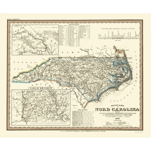 Historic State Map - North Carolina - Meyer 1845 - 23 x 27.85 - Vintage Wall Art