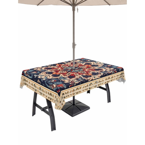 52x70 Inch Outdoor Tablecloth with Umbrella Hole Zipper Rectangle Bohemian Rectangular Tablecloths Outside Waterproof Blue Retro Boho Ethnic Farmhouse Colorful Patio Table Cover for Picnic Party