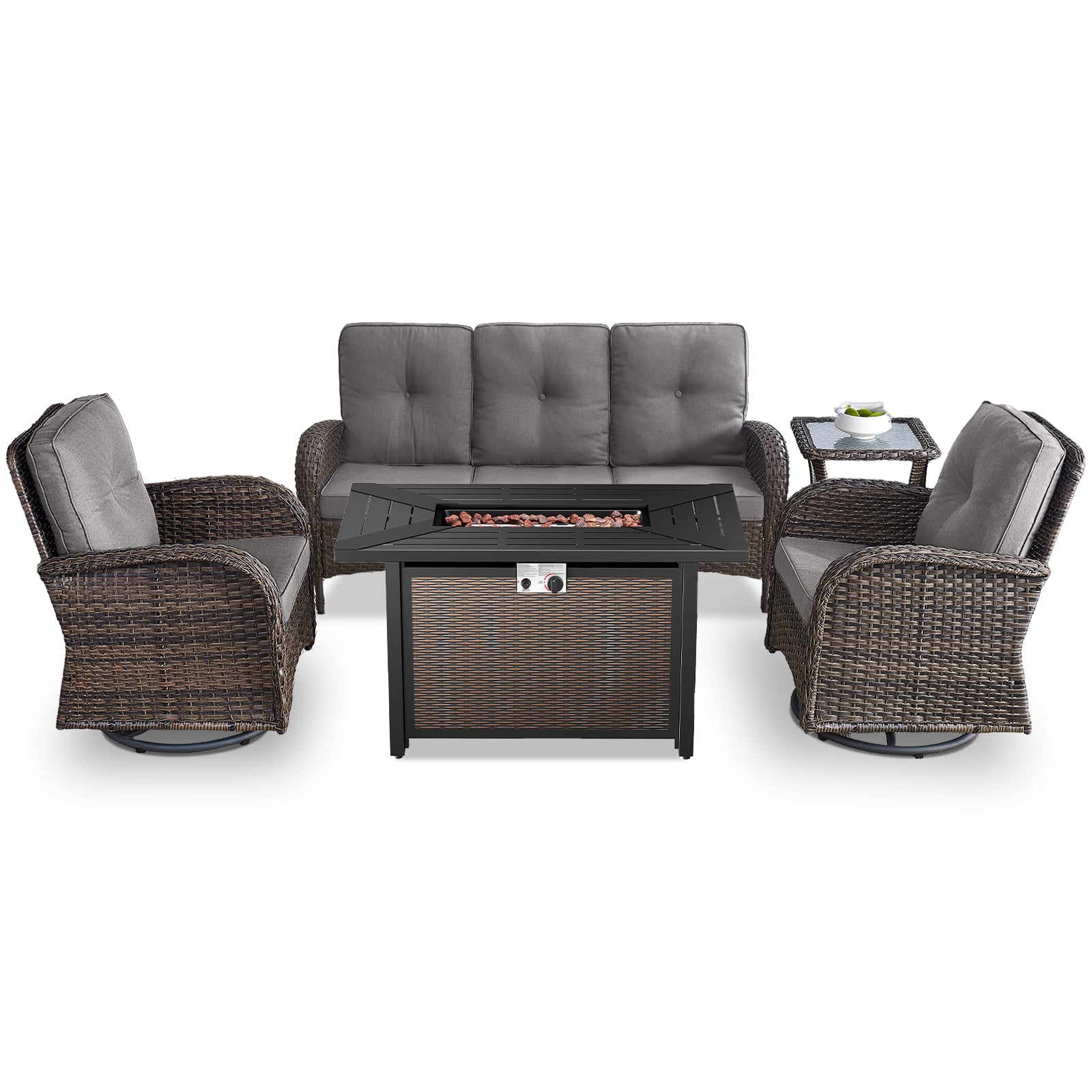 POCASSY 5PCS Outdoor Patio Furniture Set, Patio Furniture Set with Fire Pit Table Wicker Patio Couch Outdoor Swivel Chair and 43" Propane Firepit Table Rectangular, Brown Wicker & Gray Cushion