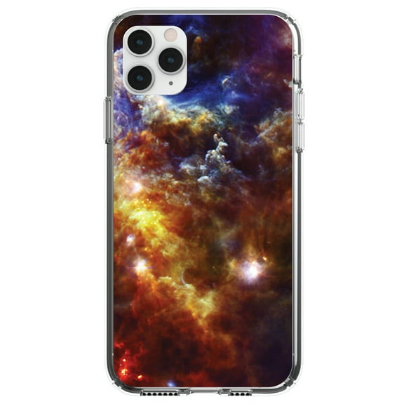 DistinctInk Clear Shockproof Hybrid Case for iPhone 11 (6.1" Screen) - TPU Bumper, Acrylic Back, Tempered Glass Screen Protector - Red Yellow Blue Rosette Nebula - Show Your Love of Astronomy