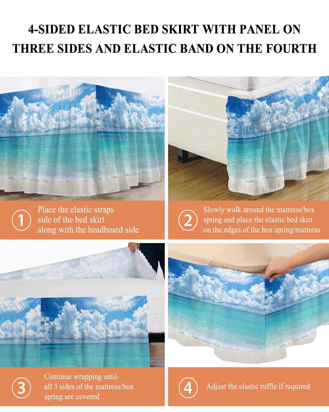 Ocean Blue Bed Skirt Queen Size, Beach Nature Coast Sea Shore Sky Seawater Wrap Around Bed Skirting with Adjustable Elastic Strap, Dust Ruffle Pleated Bedskirts 16 Inch Drop for Bedroom Queen Beds