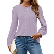Fantaslook Eyelet Blouses for Women Dressy Casual Long Sleeve Shirts Crew Neck Fall Trendy Tops