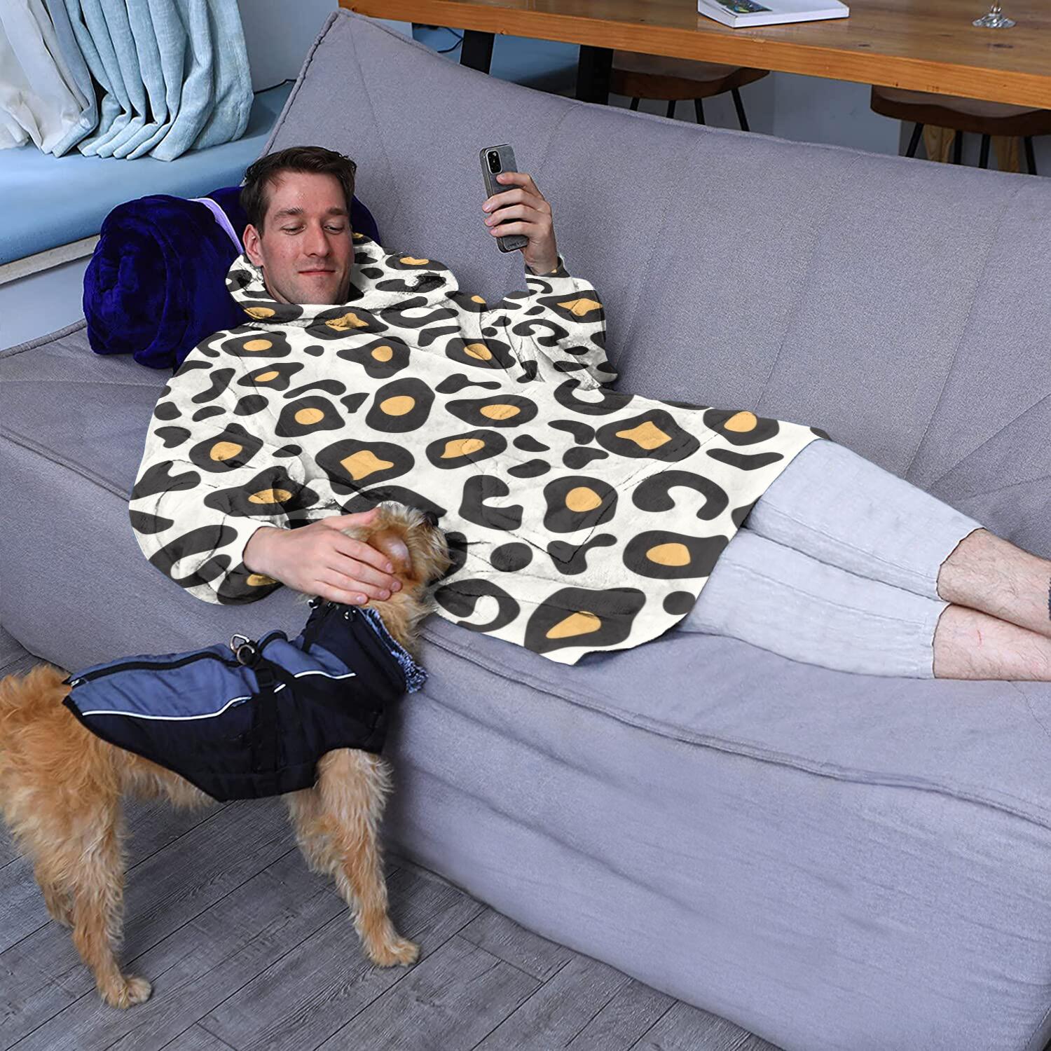 Black and Yellow Of Leopard Print Wearable Oversized Blanket,Wearable Blanket Hoodie for Adults,Cozy Hooded Blankets with Super Pockets,Super Warm Fuzzy Pullover for Women & Men
