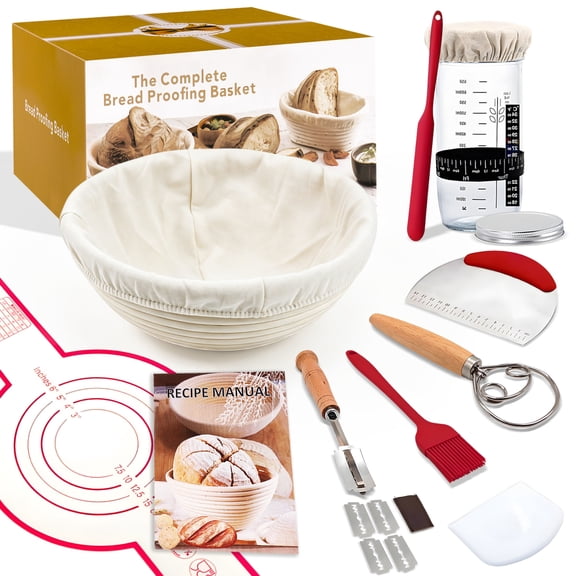 KORALAKIRI 16 Pcs Sourdough Starter Kit, 9'' Banneton Bread Proofing Basket Set Baking Supplies Tools with Glass Sourdough Starter Jar for Bakers Women Wife