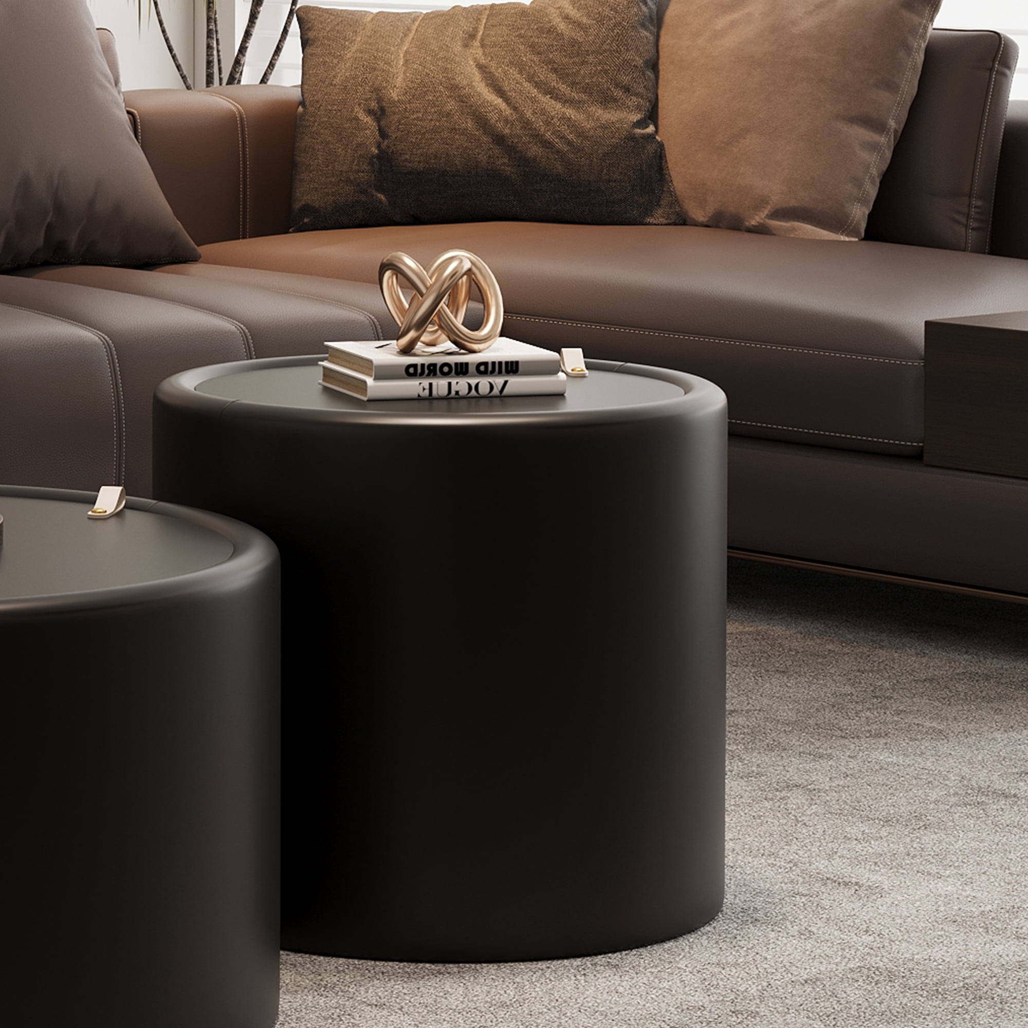 Leumius Black Round Side Table with Tempered Glass Top, PU Leather Body & Hidden Storage Modern Accent Table for Living Room Bedroom Black 2