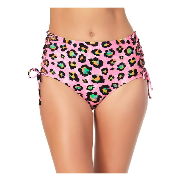 California Waves Women's Pink Animal Print Stretch Lace-Up-Side Lined Moderate Coverage Tie High Waisted Swimsuit Bottom L