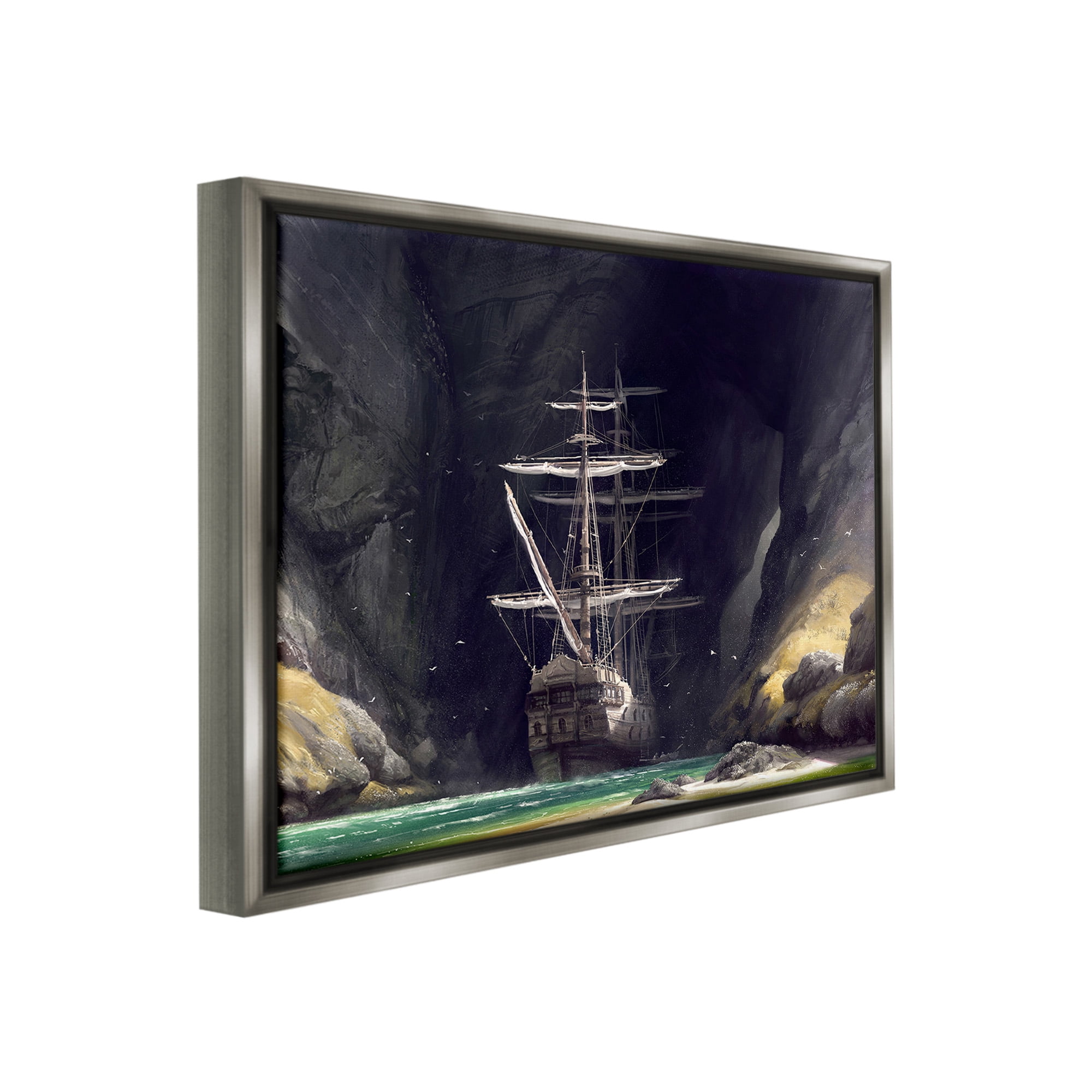 Stupell Industries Mysterious Ship in Cave Transportation Painting Gray Floater Framed Canvas Art Print Wall Art, 21 x 17