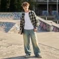 thumbnail image 5 of Boys Vintage Washed Wide Leg Jeans, Kids Streetwear Distressed Denim Pants, Loose Fit Baggy Jeans for Casual Skate Wear(Blue,14-15 Years), 5 of 7