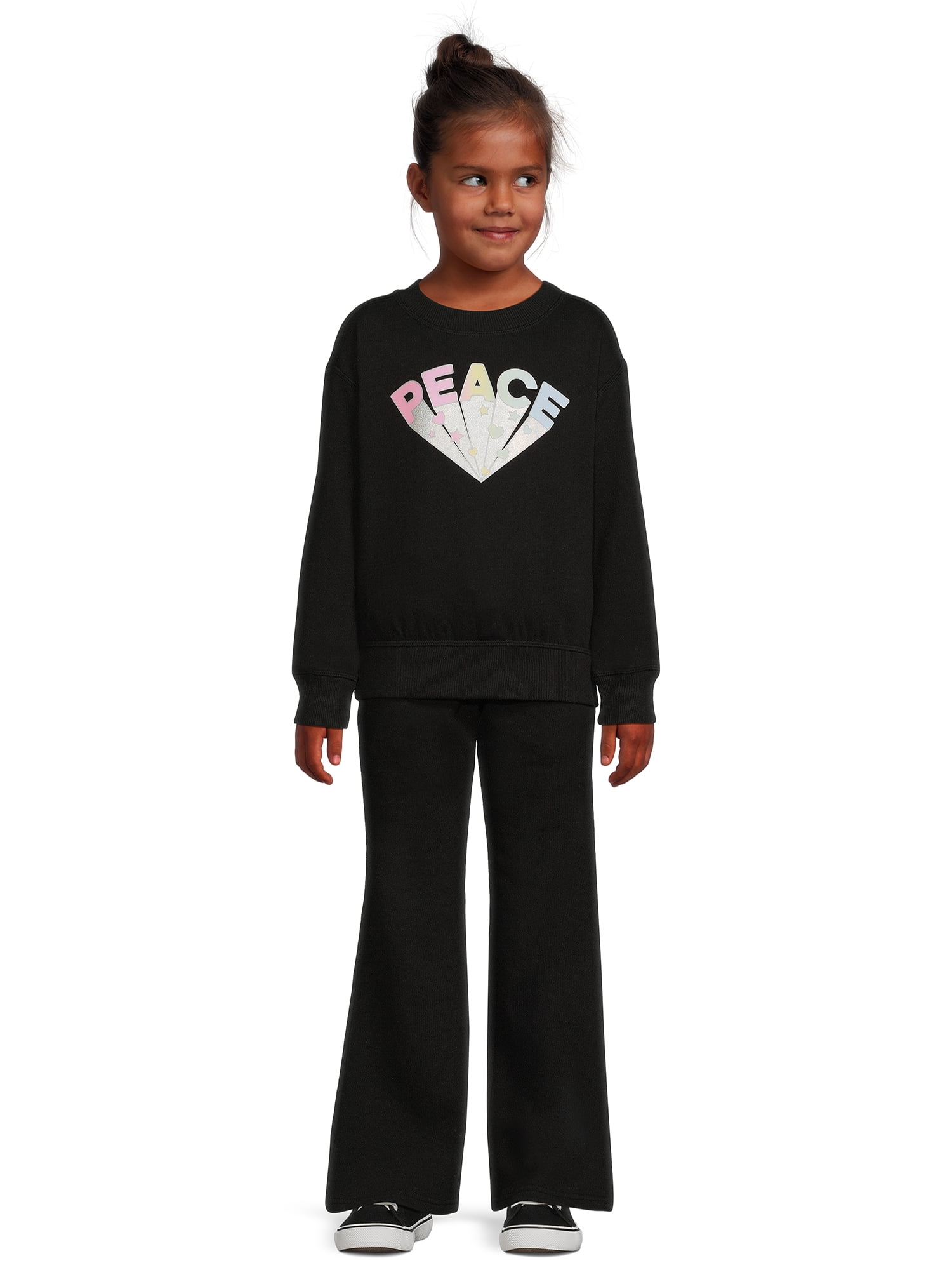 Wonder Nation Girls Fleece Crewneck and Flare Sweatpant 2-Piece Outfit Set, Sized 4-18 & Plus