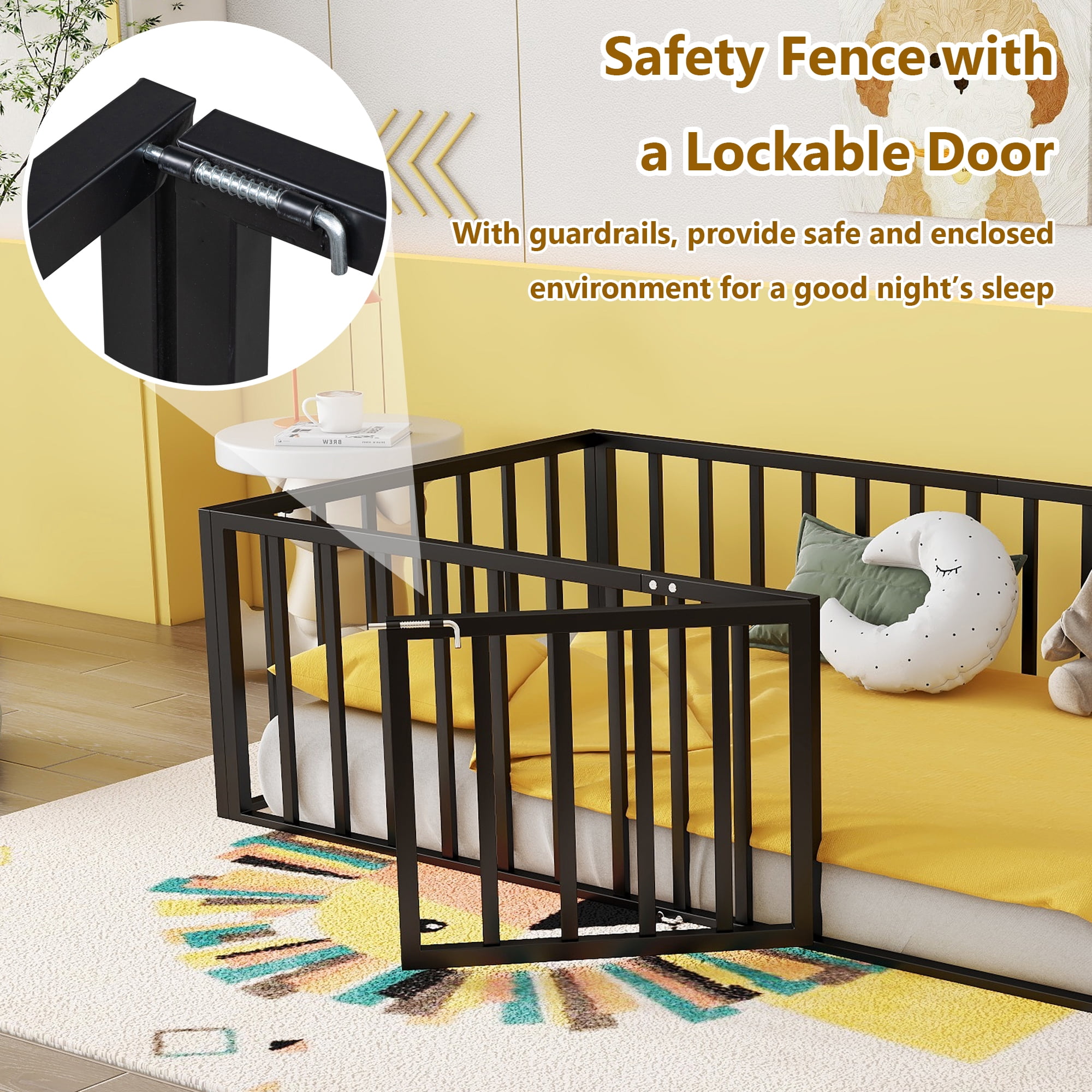 Bellemave Montessori Toddler Playful Twin Size Fence Rails Metal Floor Bed with Lockable Door, Black