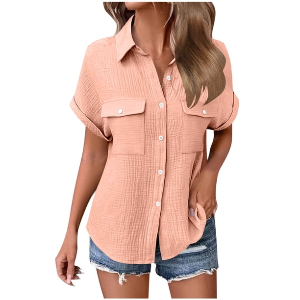 Craaazy Women's Relaxed Fit Collared Blouse, Solid Color Short Sleeve Button Down Top, Loose Comfy Cotton Casual Shirt with Pockets for Summer Gifts