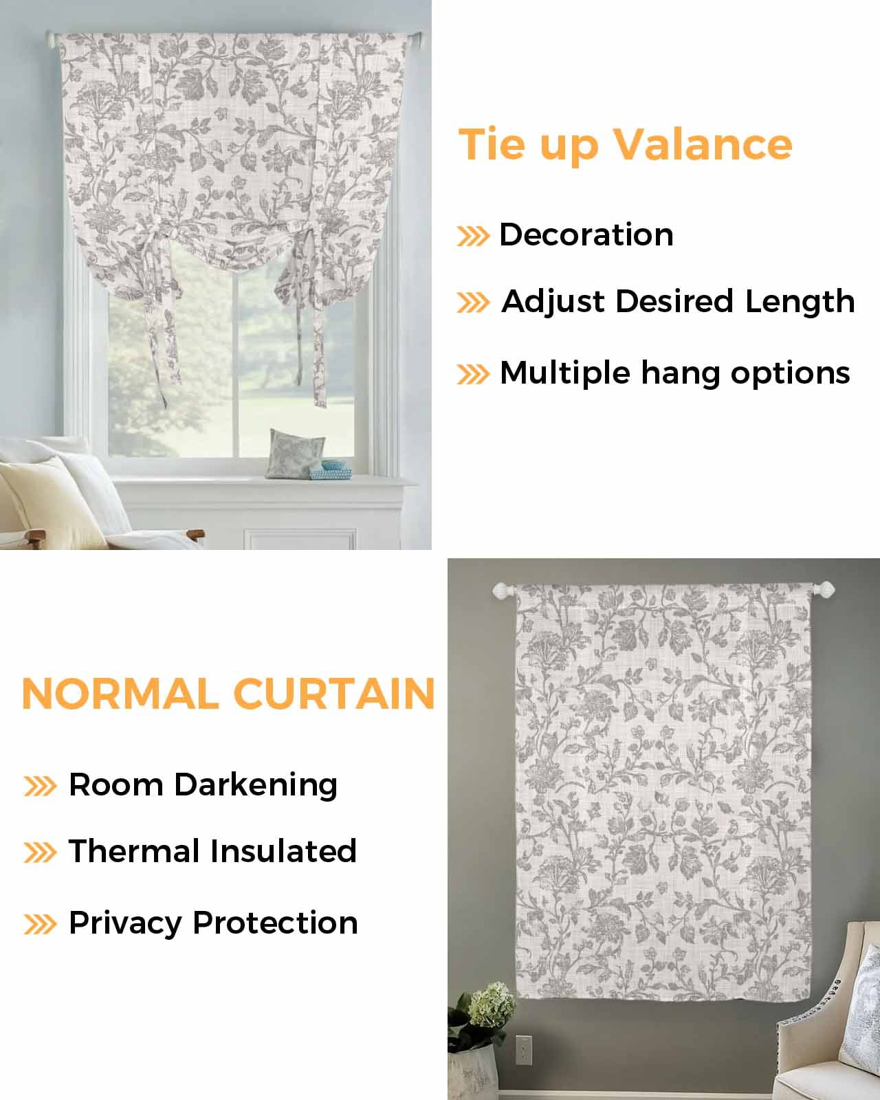 Farmhouse Flower Tie Up Curtains for Window, Thermal Insulated Balloon Shade Adjustable Rod Pocket Curtains Valance Panels for Kitchen Bathroom Cafe 52 x 45 Botanical Vintage Grey Leaf Plant