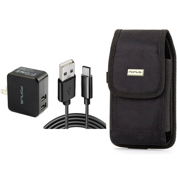 Home Charger & Case Belt Clip for iPhone 15 Pro Max - 17W 2-Port USB 3.4A Type-C Cable and Rugged Holster Canvas Cover J1W for iPhone 15 Pro Max (6.7")