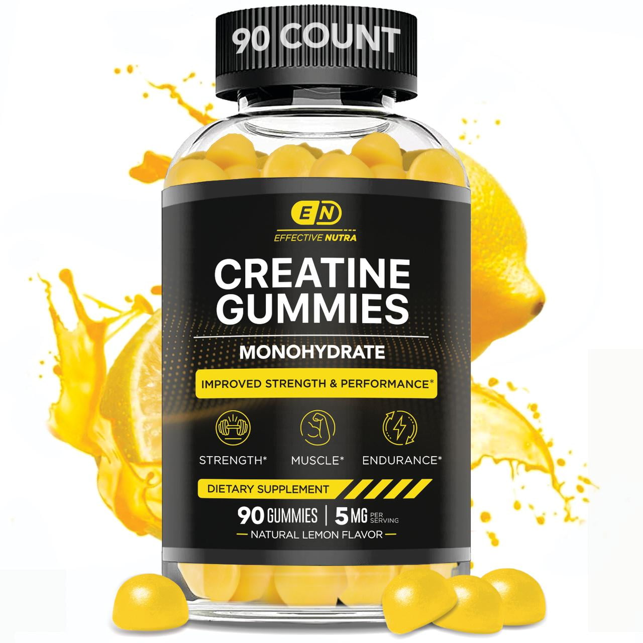 Effective Nutra Creatine Gummies for Men & Women - Creatine Monohydrate Gummies for Strength, Muscle, Energy - Natural Lemon Flavor (90ct)