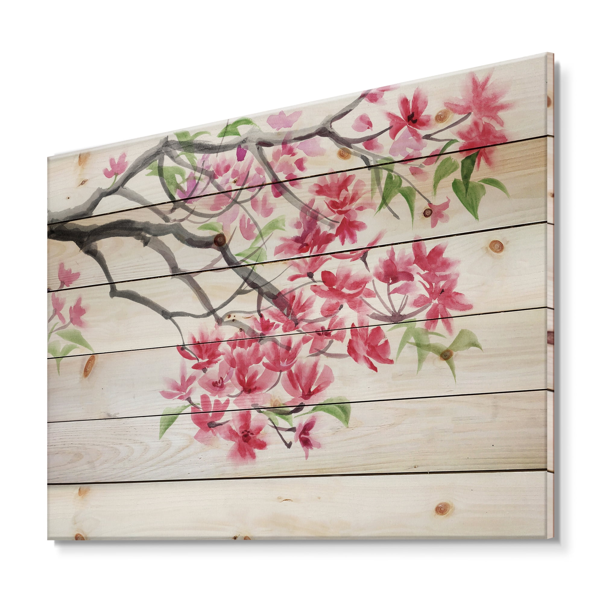 Designart 'Red Blossoming Tree On White' Traditional Print on Natural Pine Wood