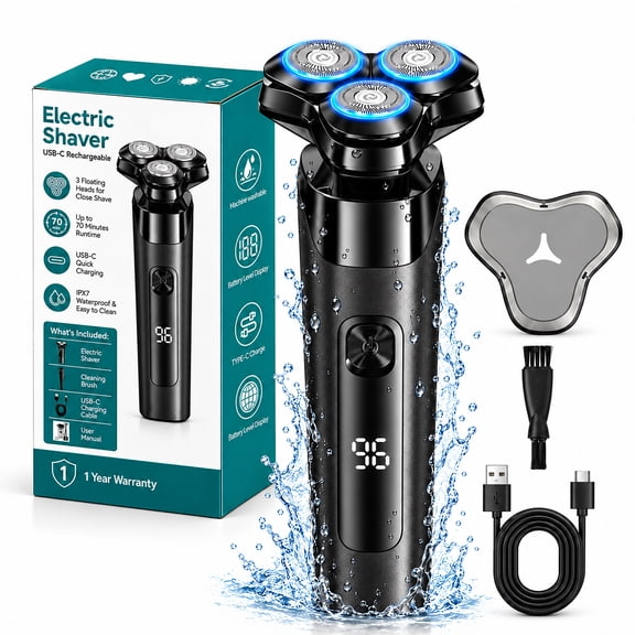 Electric Shaver, 3D Rotary Shaver, IPX7 Waterproof, Type-C Rechargeable, Black