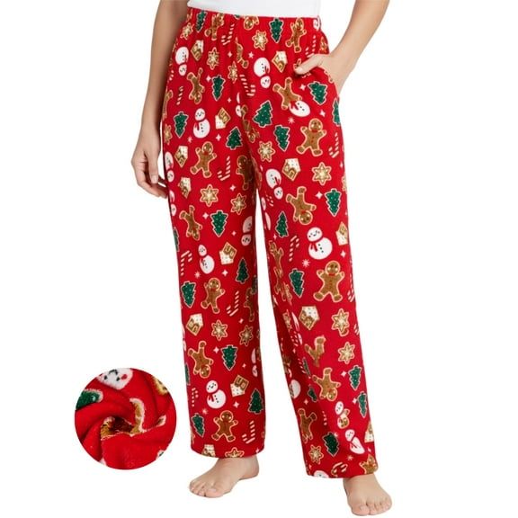 PatPat Womens Christmas Pajama Pants Flannel Plush Pj Bottom Super Soft Toasty Warm Sleep Pants with Pockets Gingerbread Man Print, Red, M