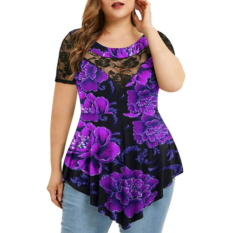 JDEFEG Lavender plus Size Tunic Lace Sleeve Tops Tunics O Casual Shirts Short Dressy Summer Plus Womens Size Blouse Neck Plus Size Tops Womens Dressy Shirts And Blouses Purple XXXL Walmart