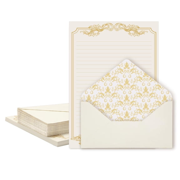 90-Piece Vintage Stationery Kit, 60 Decorative Paper Sheets with 30 Envelopes, Gold Trim Design for Romantic Letters, Invitations, Correspondence, Gold