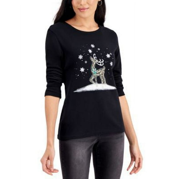 MSRP $37 Karen Scott Reindeer-Pose-Graphic Print Top Black Size XS