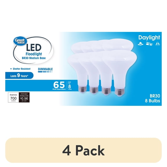 (4 pack) Great Value BR30 LED 8W (65W Equivalent) Daylight Floodlight E26 Medium Base Light Bulbs, Dimmable, 8 Pack